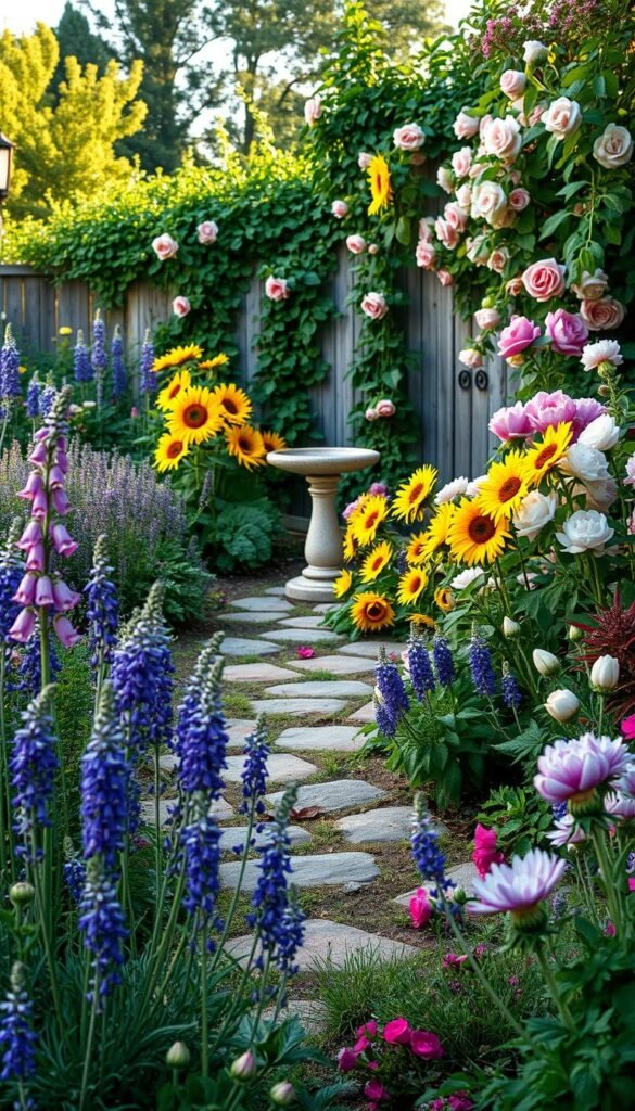 A lush, vibrant cottage garden in soft afternoon light. In the foreground, a bountiful selection of cottage garden plants - delicate foxgloves, billowing lavender, cheerful sunflowers, and fragrant peonies. The middle ground features a winding stone path and a whimsical bird bath. In the background, a rustic wooden fence is draped with climbing roses, creating a sense of enchantment. The overall scene conveys a tranquil, picturesque atmosphere, inviting the viewer into this fairy-tale escape.