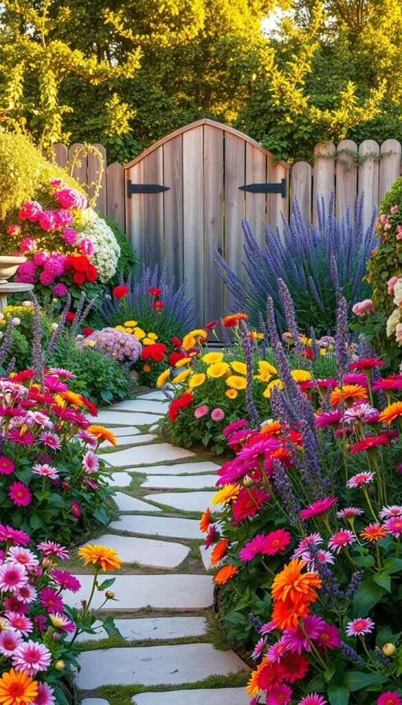 A lush, vibrant cottage garden layout adorned with a kaleidoscope of color. In the foreground, a meandering stone path winds through a profusion of blooming flowers - cheerful delphiniums, bold zinnias, and cascading vines. The middle ground features expertly curated garden beds, overflowing with clusters of lavender, snapdragons, and peonies. In the background, a quaint, weathered wooden fence serves as a charming backdrop, framing the scene. Warm, golden sunlight filters through the verdant foliage, casting a soft, inviting glow. The overall atmosphere is one of whimsical abundance and romantic English countryside charm.