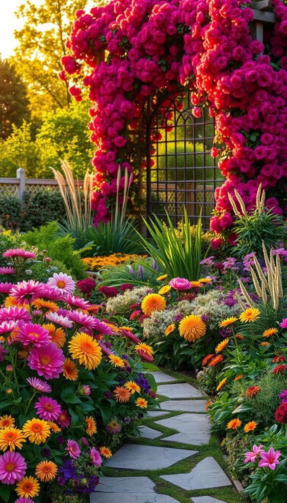 A lush, vibrant cottage garden overflowing with bold color choices. In the foreground, a cascade of bright flowers - peonies, dahlias, and zinnias - spill out from a winding stone path. The middle ground features a mix of textured foliage plants like ferns, hostas, and ornamental grasses, creating depth and contrast. Towering in the background, a trellis covered in crimson climbing roses frames the scene, casting a warm, golden glow from the afternoon sun. The overall composition evokes a sense of whimsical abundance, drawing the viewer into this enchanting, color-rich garden oasis.
