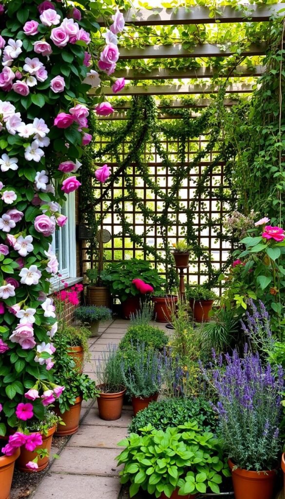 A lush, vibrant cottage garden patio overflowing with a sensory array of plants. In the foreground, cascading vines of fragrant jasmine and climbing roses frame a cozy seating area. The middle ground features a mix of potted herbs - rosemary, thyme, and lavender - their aromas wafting through the air. In the background, a lattice structure supports a canopy of trailing ivy, dappling the scene with soft, natural light. The overall atmosphere evokes a sense of tranquility and rustic charm, inviting one to slow down and savor the sights, scents, and textures of this enchanting outdoor haven.