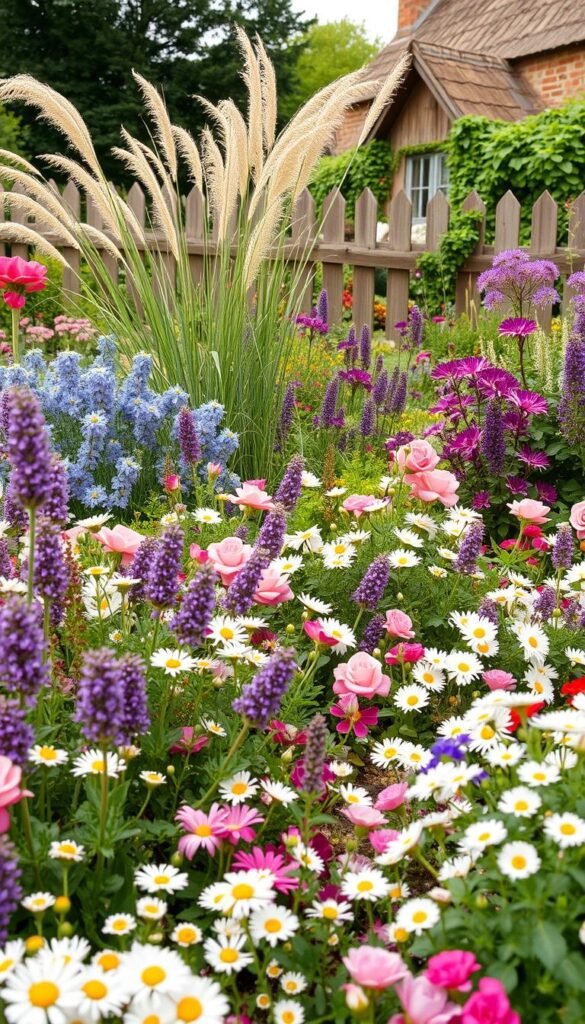 A lush, vibrant cottage garden showcasing a diverse selection of flowering plants. The foreground features a colorful arrangement of perennials and annuals, including delicate blooms of lavender, fragrant english roses, cheerful daisies, and clusters of purple alliums. The middle ground introduces wispy ornamental grasses and lush trailing vines, creating a sense of depth and movement. In the background, a picturesque wooden fence and a glimpse of a quaint cottage with a charming pitched roof set the idyllic countryside scene. Warm, diffused natural lighting illuminates the palette of soft pinks, purples, whites, and greens, evoking a sense of serene tranquility. Captured with a wide-angle lens to showcase the abundance and harmonious composition of this timeless cottage garden.