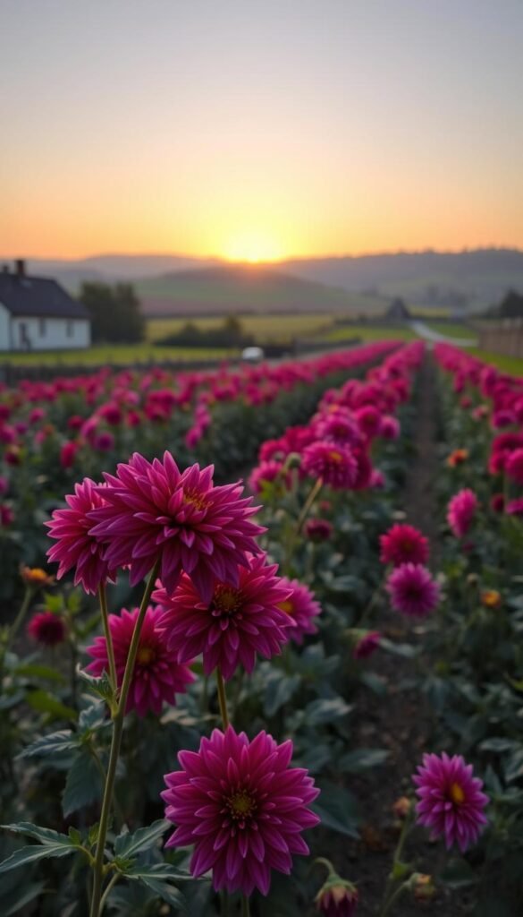 A lush, vibrant dahlia garden in the early morning light. In the foreground, a cluster of dahlia blooms in rich, jewel-toned hues sway gently in a soft breeze. The middle ground reveals rows of tall, stately dahlia plants, their sturdy stems supporting the abundance of flowers. In the background, a picturesque country landscape unfolds, with rolling hills, a winding path, and a distant farmhouse bathed in the warm glow of the rising sun. The scene conveys a sense of tranquility, natural beauty, and the origins of this captivating garden.