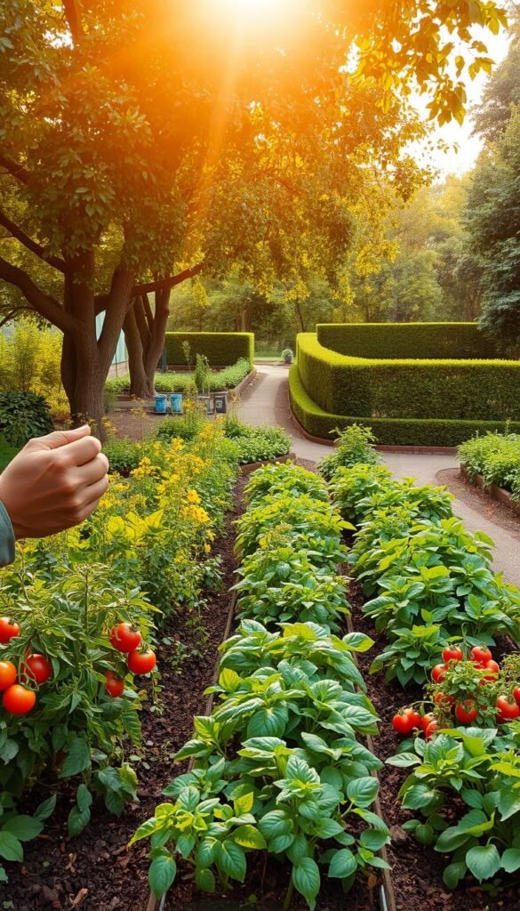 A lush, vibrant edible garden with carefully tended beds and rows of diverse, thriving crops. In the foreground, a gardener tending to the plants, pruning and weeding with a gentle hand. Overhead, warm sunlight filters through a canopy of leafy trees, casting a soft, natural glow. The middle ground features a variety of edible plants - tomatoes, herbs, leafy greens, all in perfect health. In the background, a winding path leads deeper into the garden, framed by neatly clipped hedges. The overall scene conveys a sense of peaceful productivity, where beauty and function coexist in perfect harmony.