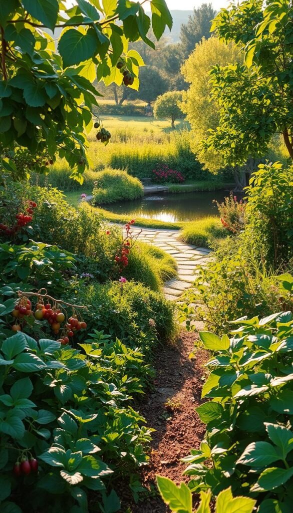 A lush, vibrant edible landscape unfolds in a warm, golden afternoon light. In the foreground, a variety of edible plants - leafy greens, berry bushes, and trailing vines - thrive, their colors and textures creating a tapestry of natural beauty. The middle ground features a small, winding path inviting exploration, flanked by productive fruit trees and flowering herb beds. In the background, a serene pond reflects the verdant surroundings, as a gentle breeze rustles the leaves. The scene exudes a sense of harmony, where function and aesthetics seamlessly intertwine, showcasing the bountiful benefits of an edible landscape.
