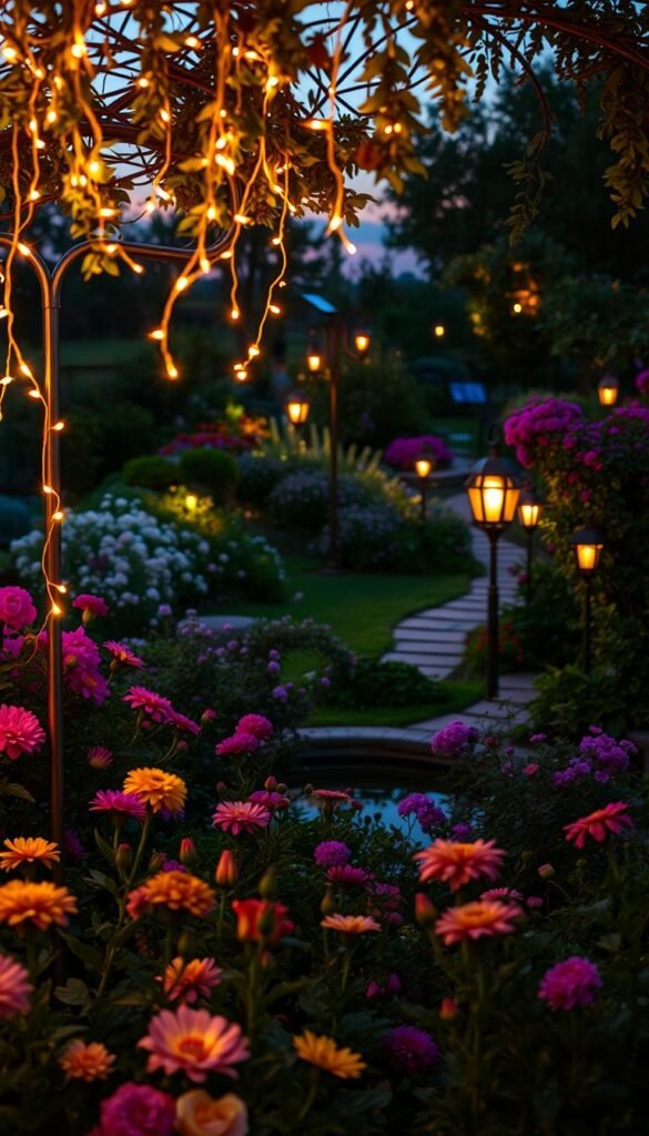 A lush, vibrant flower garden at dusk, illuminated by a warm, magical glow. In the foreground, delicate fairy lights drape over trellises, casting a soft, ethereal light on the blooming flowers below. In the middle ground, ornate lanterns line winding garden paths, their flickering flames reflecting off a tranquil pond. Towards the back, solar-powered path lights dot the landscape, creating a serene and inviting atmosphere. The overall scene is bathed in a rich, golden hue, evoking a sense of enchantment and natural beauty.