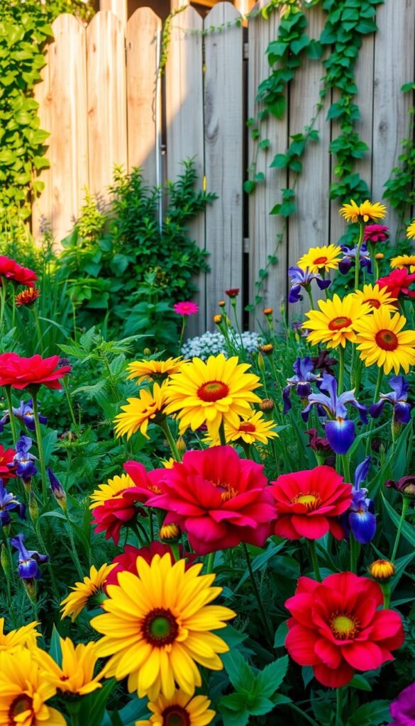 A lush, vibrant garden bursting with a bold color palette. In the foreground, a profusion of large, vividly hued flowers - crimson peonies, sunshine yellow sunflowers, and deep purple irises. The middle ground features a mix of verdant foliage and trailing vines in shades of emerald, jade, and chartreuse. In the background, a weathered wooden fence frames the scene, casting a warm, golden glow over the entire composition. The lighting is soft and diffused, creating a sense of tranquility and timelessness. Captured with a wide-angle lens to showcase the depth and abundance of this magnificent cottage-style garden.