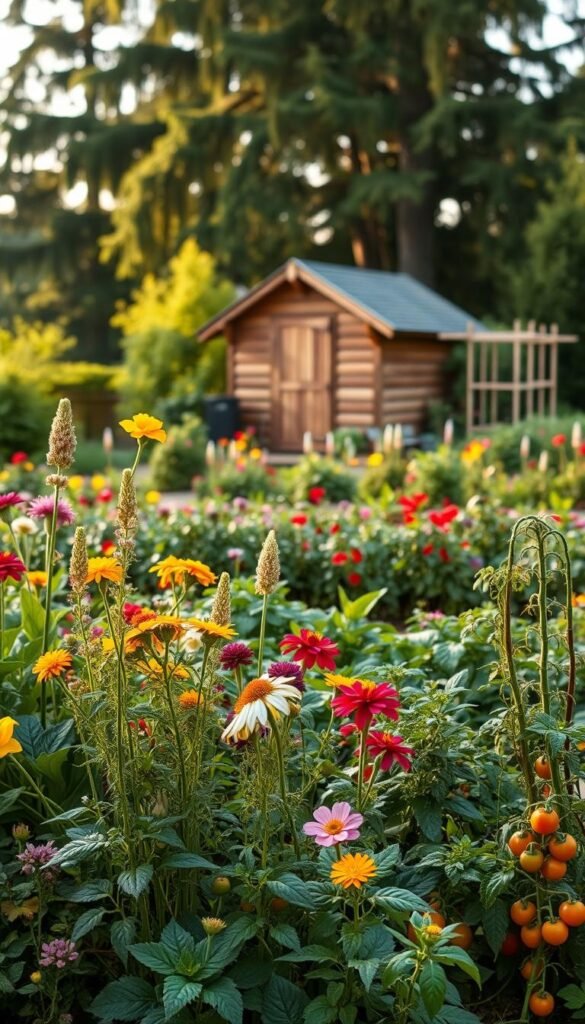 A lush, vibrant garden bursting with an array of colorful flowers and vegetables. In the foreground, various companion plants stand side by side, their leaves and blossoms intertwined in a harmonious display. The middle ground showcases well-tended vegetable beds, with leafy greens, plump tomatoes, and trailing vines. In the background, a wooden garden shed sits nestled among towering trees, casting a warm, natural glow over the entire scene. Soft, diffused lighting illuminates the garden, creating a serene and inviting atmosphere. The overall composition evokes a sense of balance, productivity, and the beauty that can arise from thoughtful companion planting.