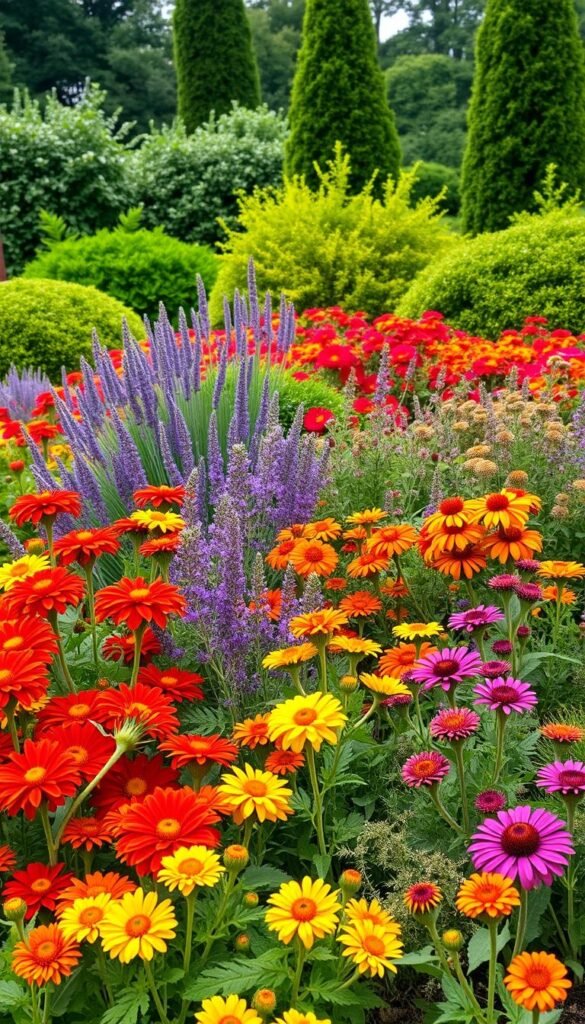 A lush, vibrant garden design showcasing striking color contrasts. The foreground features a harmonious arrangement of bold, eye-catching annuals - crimson dahlias, sunshine-yellow marigolds, and deep purple asters. The middle ground introduces a tapestry of perennials, including cascading lavender, fiery red-orange gaillardia, and velvety purple coneflowers. In the background, a verdant backdrop of shrubbery and towering trees creates a sense of depth and natural enclosure. Soft, diffused lighting filters through the scene, highlighting the vivid hues and creating dramatic shadows that accentuate the textures and forms. The overall composition exudes a sense of balance, energy, and visual delight, inviting the viewer to immerse themselves in this captivating color-rich garden design.