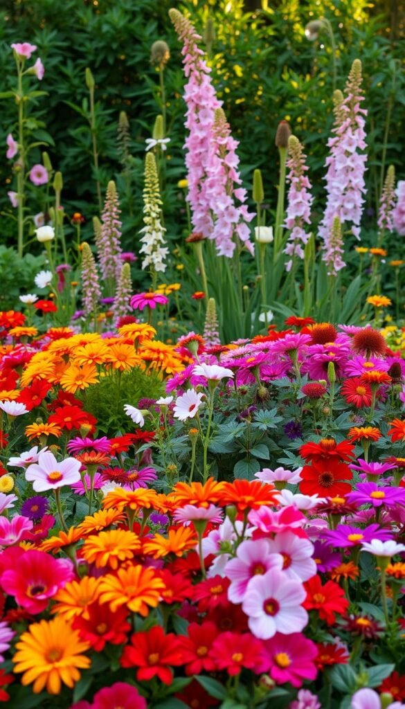 A lush, vibrant garden filled with a diverse selection of annual and perennial flowers. In the foreground, a vibrant array of colorful annuals such as petunias, marigolds, and zinnias, their petals gently swaying in a soft breeze. In the middle ground, clusters of perennial blooms like delphiniums, peonies, and coneflowers, their tall stems reaching towards the sun. The background features a backdrop of verdant foliage, creating a harmonious and serene atmosphere. The scene is illuminated by warm, golden lighting, casting a natural, inviting glow over the entire composition. Captured through a wide-angle lens, the image showcases the complementary beauty and balance of these two essential garden elements.