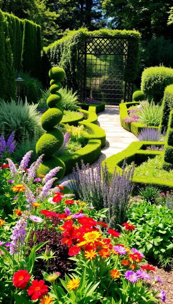 A lush, vibrant garden in dappled sunlight, blending formal and informal elements for a dynamic, harmonious look. In the foreground, an array of diverse, flowing perennials in a riot of colors and textures. Interspersed among them, precisely pruned topiaries and geometric hedges, creating a captivating contrast. The middle ground features a winding stone path, flanked by a mix of wild, cascading shrubs and neatly trimmed boxwood borders. In the background, a stately, ornamental trellis frames the scene, its intricate lattice casting gentle shadows across the garden. The overall effect is one of balance, energy, and visual interest, inviting the viewer to explore this enchanting outdoor space. A lush, vibrant garden in dappled sunlight, blending formal and informal elements for a dynamic, harmonious look. In the foreground, an array of diverse, flowing perennials in a riot of colors and textures. Interspersed among them, precisely pruned topiaries and geometric hedges, creating a captivating contrast. The middle ground features a winding stone path, flanked by a mix of wild, cascading shrubs and neatly trimmed boxwood borders. In the background, a stately, ornamental trellis frames the scene, its intricate lattice casting gentle shadows across the garden. The overall effect is one of balance, energy, and visual interest, inviting the viewer to explore this enchanting outdoor space.