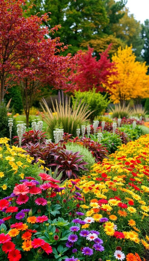 A lush, vibrant garden landscape showcasing the harmonious interplay of seasonal plant colors. In the foreground, a vibrant bed of colorful annuals blooms, their petals gently swaying in a soft breeze. The middle ground features a mix of perennials, their foliage transitioning through shades of green, gold, and red as the seasons change. In the background, a line of mature deciduous trees stands tall, their branches adorned with a tapestry of autumn hues. Soft, diffused natural lighting illuminates the scene, creating a warm, inviting atmosphere. The composition emphasizes the graceful, coordinated dance of nature's ever-changing palette, inspiring the viewer to thoughtfully incorporate seasonal color into their own garden design. A lush, vibrant garden landscape showcasing the harmonious interplay of seasonal plant colors. In the foreground, a vibrant bed of colorful annuals blooms, their petals gently swaying in a soft breeze. The middle ground features a mix of perennials, their foliage transitioning through shades of green, gold, and red as the seasons change. In the background, a line of mature deciduous trees stands tall, their branches adorned with a tapestry of autumn hues. Soft, diffused natural lighting illuminates the scene, creating a warm, inviting atmosphere. The composition emphasizes the graceful, coordinated dance of nature's ever-changing palette, inspiring the viewer to thoughtfully incorporate seasonal color into their own garden design.