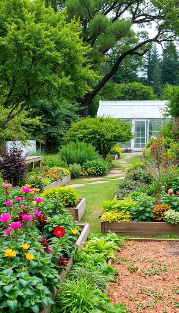 A lush, vibrant garden landscape unfolds, showcasing a year-round tapestry of colors and textures. In the foreground, neatly arranged raised garden beds brim with a diverse array of thriving plants, their foliage and blooms creating a harmonious visual symphony. The middle ground features a meandering path flanked by verdant shrubs and towering trees, their branches casting a gentle, dappled light over the scene. In the background, a greenhouse stands as a testament to the gardener's commitment to cultivating a sustainable, productive garden ecosystem. The overall composition evokes a sense of tranquility and balance, inviting the viewer to immerse themselves in the beauty and rhythms of nature's ever-changing cycle. A lush, vibrant garden landscape unfolds, showcasing a year-round tapestry of colors and textures. In the foreground, neatly arranged raised garden beds brim with a diverse array of thriving plants, their foliage and blooms creating a harmonious visual symphony. The middle ground features a meandering path flanked by verdant shrubs and towering trees, their branches casting a gentle, dappled light over the scene. In the background, a greenhouse stands as a testament to the gardener's commitment to cultivating a sustainable, productive garden ecosystem. The overall composition evokes a sense of tranquility and balance, inviting the viewer to immerse themselves in the beauty and rhythms of nature's ever-changing cycle.