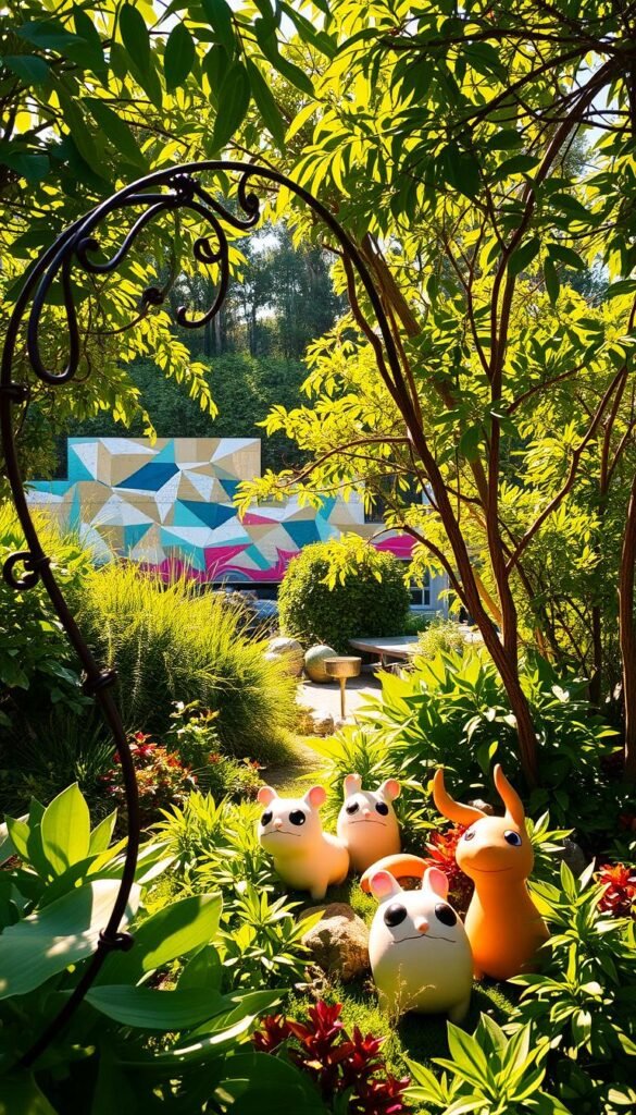 A lush, vibrant garden oasis, bathed in warm, golden sunlight. In the foreground, an intricate metal sculpture twists and turns, its organic forms casting dynamic shadows across the verdant landscape. Nestled among the flourishing foliage, whimsical ceramic creatures peer out, their playful expressions inviting exploration. The middle ground features a stunning mural, its bold brushstrokes and vivid colors blending seamlessly with the natural surroundings. In the distance, a striking installation of reflective panels or mirrored surfaces catches the light, creating a captivating interplay between the artificial and the natural. The overall atmosphere is one of wonder, creativity, and a harmonious fusion of art and nature.