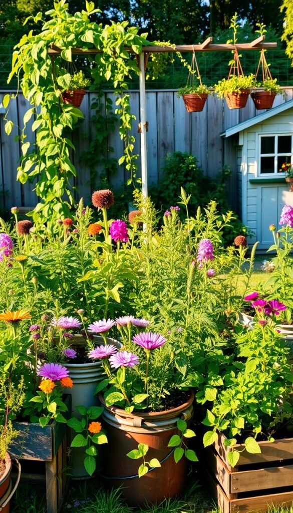 A lush, vibrant garden oasis on a modest budget. In the foreground, a mix of colorful flowers and herbs thrive in repurposed containers - old buckets, wooden crates, and upcycled planters. Trailing vines and cascading greenery add depth and texture. In the middle ground, a simple DIY trellis supports climbing plants, casting dappled shadows. The background features a rustic fence adorned with hanging baskets and a charming garden shed, all bathed in warm, golden afternoon light. The overall scene conveys a sense of abundant, low-cost beauty - a testament to creative, budget-friendly gardening. A lush, vibrant garden oasis on a modest budget. In the foreground, a mix of colorful flowers and herbs thrive in repurposed containers - old buckets, wooden crates, and upcycled planters. Trailing vines and cascading greenery add depth and texture. In the middle ground, a simple DIY trellis supports climbing plants, casting dappled shadows. The background features a rustic fence adorned with hanging baskets and a charming garden shed, all bathed in warm, golden afternoon light. The overall scene conveys a sense of abundant, low-cost beauty - a testament to creative, budget-friendly gardening.