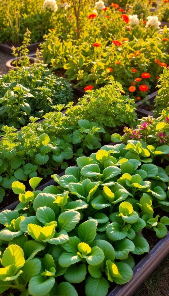 A lush, vibrant garden scene featuring a variety of climate-appropriate plants, including leafy greens, herbs, and companion flowers. The foreground showcases a neatly arranged raised bed filled with thriving vegetables, their leaves gently swaying in a soft breeze. The middle ground features clusters of fragrant herbs, their delicate blooms adding pops of color. In the background, a diverse array of companion plants, such as marigolds and nasturtiums, create a natural, harmonious ecosystem. The scene is bathed in warm, golden light, casting long shadows and creating a sense of depth and tranquility. The overall composition evokes a sense of abundance, vitality, and the joy of a thriving, sustainable garden.