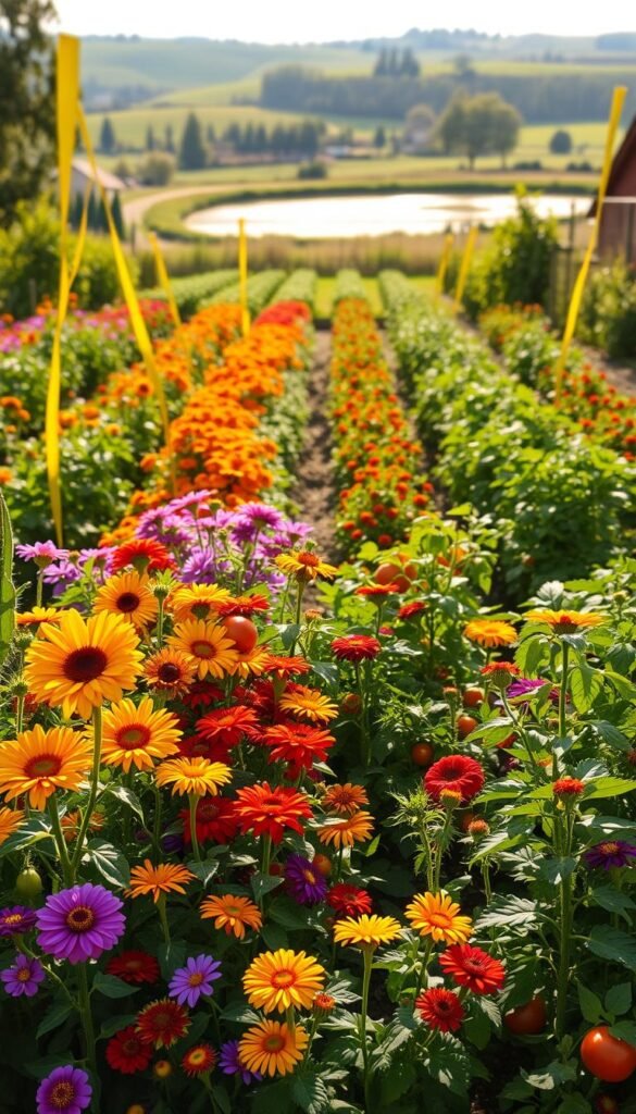 A lush, vibrant garden where flowers and vegetables coexist in harmony. In the foreground, a variety of colorful blooms - sunflowers, marigolds, and nasturtiums - intermingle with thriving vegetable plants such as tomatoes, peppers, and leafy greens. The middle ground showcases an organized layout, with rows of produce and companion plants strategically placed to maximize space and promote natural symbiosis. Sunlight filters through the scene, casting a warm, golden glow and highlighting the verdant foliage. The background features a picturesque country landscape, with rolling hills and a tranquil pond reflecting the serene scene. This image captures the essence of a successful flower and vegetable garden, blending the beauty of nature with the science of companion planting.