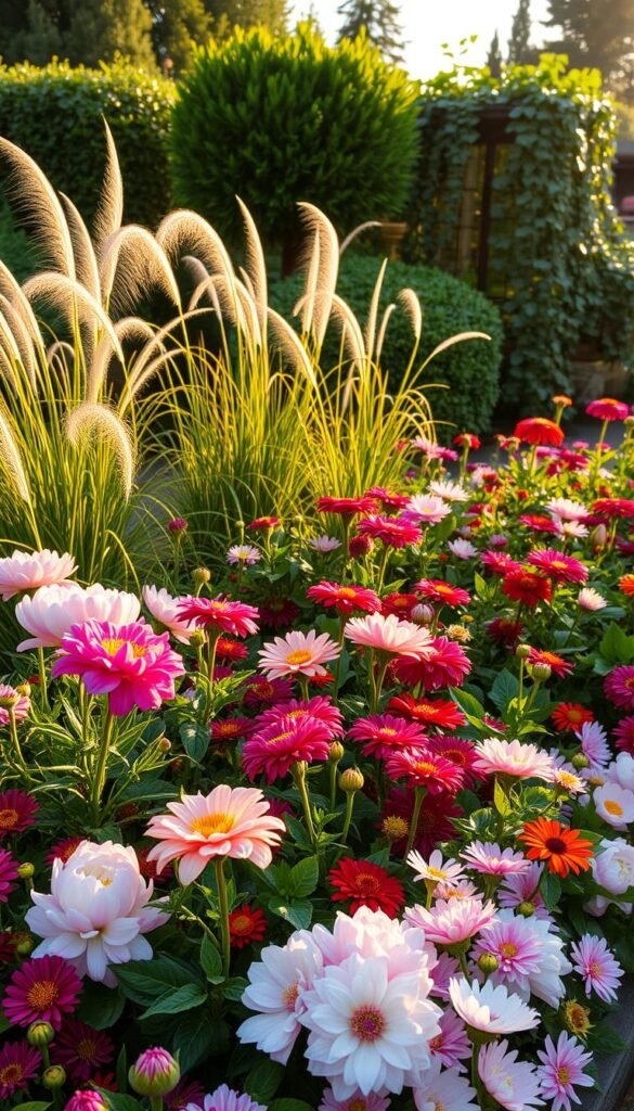 A lush, vibrant raised flower garden in soft morning light. The foreground features a harmonious blend of colorful blooms - delicate peonies, cheerful zinnias, and velvety dahlias, their petals and leaves creating a textural tapestry. In the middle ground, wispy ornamental grasses sway gently, adding movement and contrast. The background showcases a mix of evergreen shrubs and trailing vines, providing depth and framing the scene. The lighting is warm and diffused, casting a golden glow and accentuating the garden's rich hues and varied textures. The overall composition is balanced, drawing the eye through the layers of the design.
