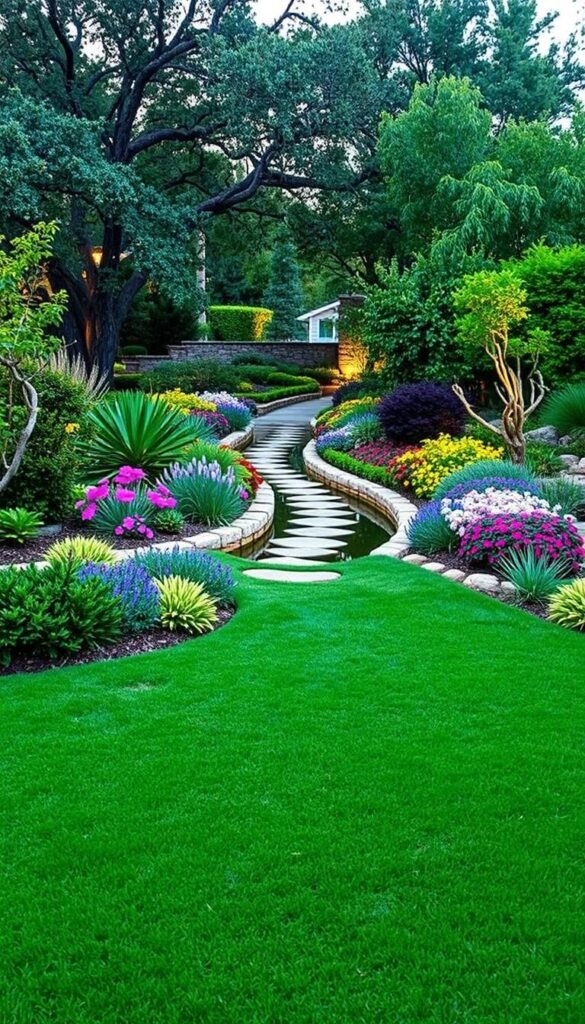 A lush, water-efficient landscape with native plants and carefully designed irrigation systems. In the foreground, a vibrant green lawn surrounded by drought-tolerant shrubs and flowers. The midground features a meandering path lined with colorful perennials, leading to a central water feature - a shallow, recirculating pond with stepping stones. In the background, mature trees provide dappled shade and a sense of tranquility. The scene is illuminated by soft, warm lighting that enhances the natural textures and colors. The overall atmosphere conveys a harmonious, sustainable garden oasis that maximizes water conservation through thoughtful design.