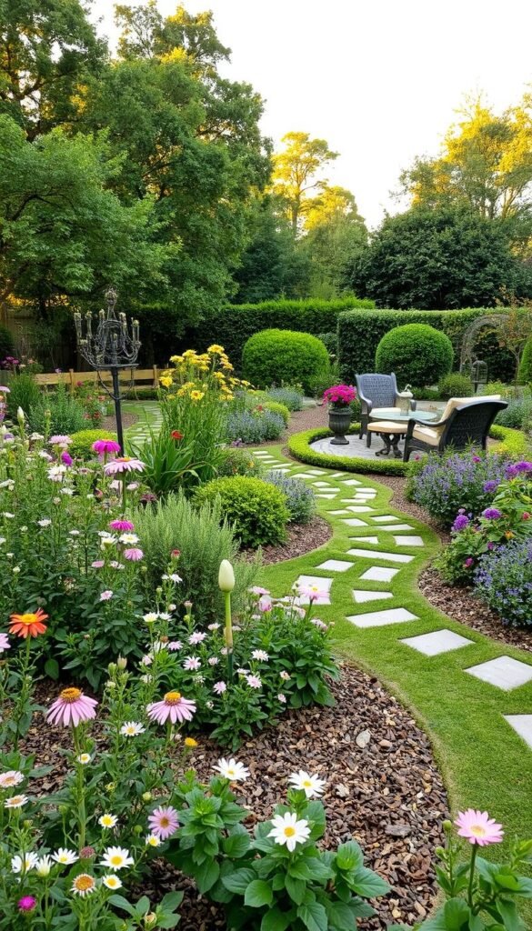 A lush, well-curated garden with a harmonious blend of natural and man-made elements. In the foreground, a vibrant array of flowering plants in a variety of shapes, sizes, and colors - from delicate blooms to bold foliage. Winding pathways of natural stone and wood mulch lead the eye through the middle ground, where carefully placed garden furniture and decorative accents create a cozy, inviting atmosphere. The background features a mix of mature trees and shrubs, their verdant canopies filtering the warm, golden light. A sense of balance and intentionality pervades the scene, reflecting the perfect fusion of nature and design.