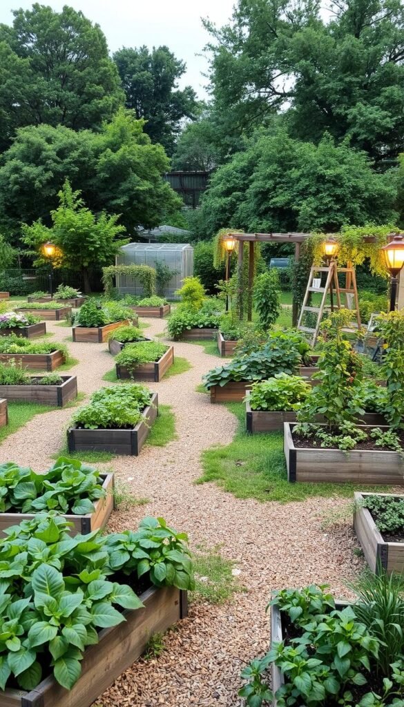 A lush, well-designed community garden layout with a functional and aesthetic flow. In the foreground, raised garden beds in various sizes and shapes filled with thriving vegetables, herbs, and flowers. In the middle ground, winding paths of natural stone or wood chips connecting the beds, allowing easy access and movement. In the background, a mix of mature shade trees and trellises supporting climbing plants, creating a sense of depth and enclosure. Warm, diffused lighting from strategically placed solar lamps highlights the verdant foliage and textural details. The overall composition conveys a sense of productivity, tranquility, and community engagement.