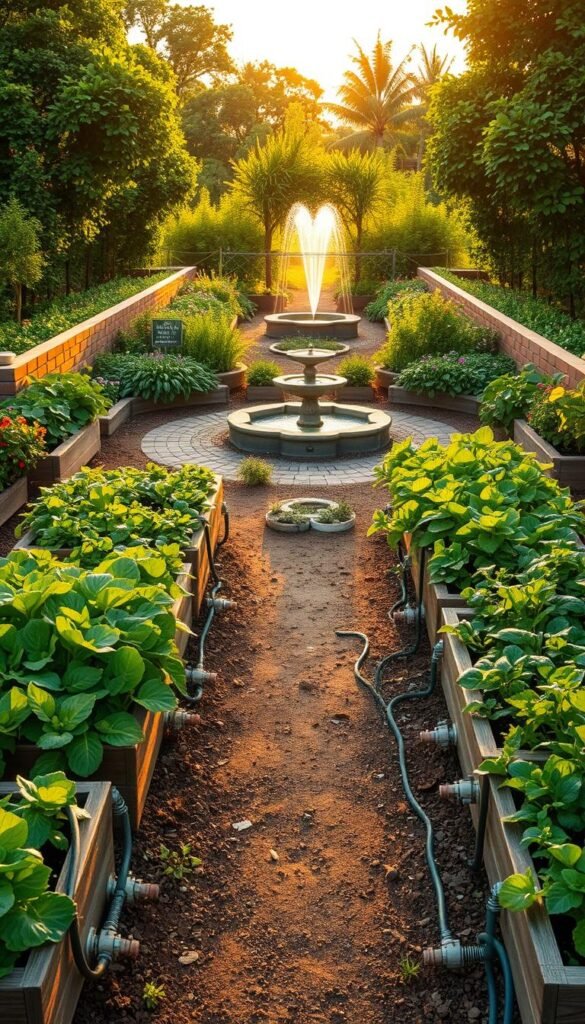A lush, well-designed irrigation system garden with a harmonious layout of raised planting beds, neatly organized pathways, and a central water feature. The scene is bathed in warm, golden afternoon light, creating a serene and inviting atmosphere. Verdant plants, including leafy vegetables, herbs, and vibrant flowers, thrive under the efficient irrigation system. Subtle details such as drip lines, water valves, and underground piping suggest the thoughtful engineering behind the garden's sustainable water management. The overall composition emphasizes the synergy between function and aesthetics, showcasing an optimized community garden design.