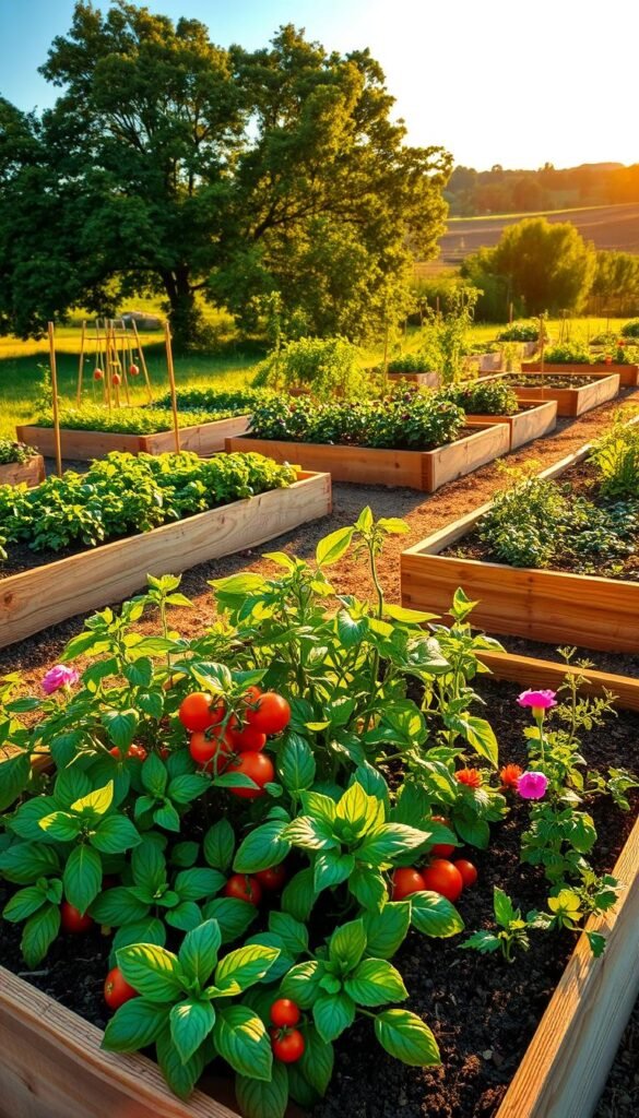 A lush, well-designed raised bed vegetable garden, illuminated by warm, golden sunlight. In the foreground, a raised bed brimming with flourishing plants - vibrant leafy greens, plump tomatoes, and vibrant flowers. The soil is rich and dark, its texture inviting. In the middle ground, additional raised beds with diverse crops, neatly arranged in an efficient layout. The beds are constructed with natural wood, creating an organic, rustic aesthetic. In the background, a verdant landscape with mature trees and a clear blue sky, conveying a sense of tranquility and abundance. The overall scene exudes a feeling of productivity, sustainability, and the rewards of careful gardening in an optimized raised bed system.