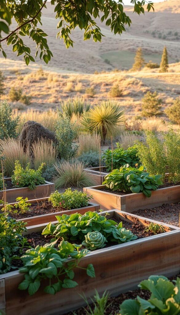 A lush, well-integrated raised bed garden nestled within a harmonious landscape. In the foreground, a carefully curated arrangement of thriving vegetables, herbs, and flowers in raised beds with natural, weathered wood frames. The middle ground features a mix of native grasses, shrubs, and trees, creating a seamless transition to the background, where a gently rolling hillside is bathed in warm, golden afternoon light. The scene conveys a sense of balance, sustainability, and a deep connection between the cultivated garden and the surrounding natural environment. Shot with a wide-angle lens to capture the full breadth of the integrated design, the image has a soft, dreamlike quality accentuated by the natural, earthy tones and textures throughout. A lush, well-integrated raised bed garden nestled within a harmonious landscape. In the foreground, a carefully curated arrangement of thriving vegetables, herbs, and flowers in raised beds with natural, weathered wood frames. The middle ground features a mix of native grasses, shrubs, and trees, creating a seamless transition to the background, where a gently rolling hillside is bathed in warm, golden afternoon light. The scene conveys a sense of balance, sustainability, and a deep connection between the cultivated garden and the surrounding natural environment. Shot with a wide-angle lens to capture the full breadth of the integrated design, the image has a soft, dreamlike quality accentuated by the natural, earthy tones and textures throughout.