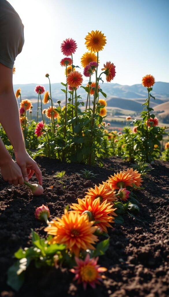 A lush, well-lit garden scene with a person carefully planting dahlia tubers in the foreground. The tubers are being gently placed into a prepared bed of rich, dark soil, their vibrant colors contrasting with the earthy tones. In the middle ground, a variety of tall dahlia plants sway gracefully, their large, colorful blooms in full display. The background is a picturesque landscape with rolling hills, a clear blue sky, and the warm glow of the sun filtering through the scene. The overall mood is one of serenity, diligence, and the anticipation of a bountiful, vibrant dahlia-filled garden.