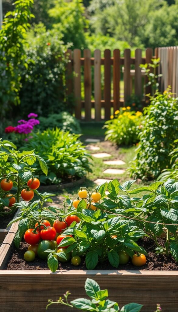 A lush, well-lit vegetable garden nestled in a serene backyard setting. The foreground features a raised garden bed filled with thriving tomato plants, leafy greens, and vibrant bell peppers. The middle ground showcases a meandering garden path, flanked by flourishing herb bushes and sun-dappled flowers. In the background, a charming wooden fence frames the scene, creating a sense of privacy and enclosure. The lighting is soft and natural, casting a warm glow over the entire composition. The camera angle is slightly elevated, providing a panoramic view of the carefully curated garden layout, inviting the viewer to envision themselves in this idyllic, productive backyard oasis.