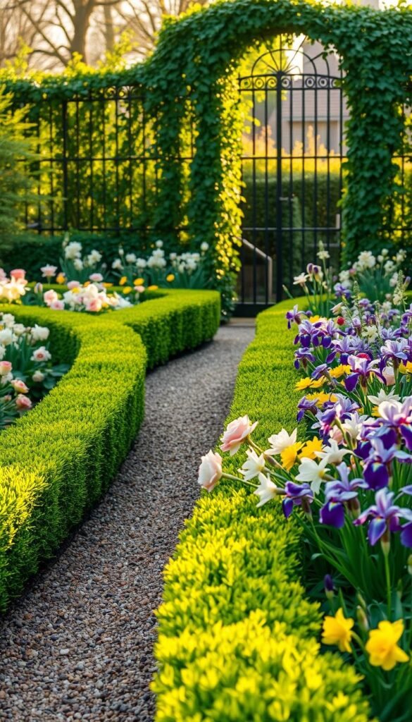 A lush, well-manicured English garden edge, bathed in soft, warm afternoon light. The foreground showcases a neatly trimmed border of vibrant green boxwood hedges, their tidy shapes punctuated by the occasional burst of colorful blooms. In the middle ground, a gravel path winds through the garden, flanked by neatly edged flower beds overflowing with a riot of color - delicate pink and white roses, cheerful yellow daffodils, and delicate purple irises. The background features a wrought-iron fence draped with cascading vines, creating a sense of enclosure and privacy. The overall composition conveys a sense of order, tranquility, and the timeless charm of a quintessential English garden. Prompt