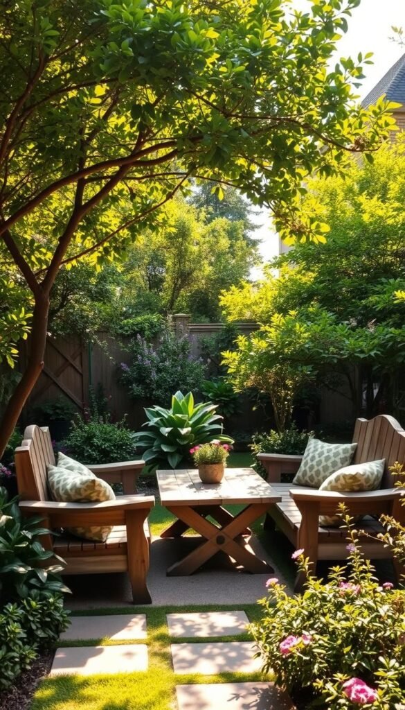 A lush, well-manicured backyard garden oasis, featuring a cozy outdoor seating area nestled amidst a vibrant tapestry of verdant foliage. Plush, weathered wooden benches flank a central coffee table, inviting guests to relax and unwind. Sunlight filters through the canopy of overhanging trees, casting a warm, golden glow and creating a serene, naturalistic ambiance. Verdant shrubs and flowering plants spill over the edges of the seating area, blending seamlessly with the surrounding landscape. A sense of tranquility and harmony pervades the scene, evoking a perfect balance between manmade and natural elements.