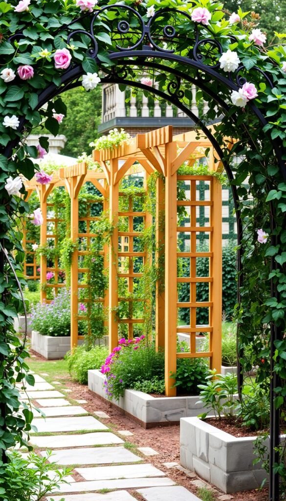 A lush, well-manicured garden scene featuring an ornate trellis arch in the foreground, adorned with cascading vines and blooming flowers. In the middle ground, a series of wooden trellises support climbing plants, creating a dynamic vertical element that adds depth and visual interest. The background showcases a neatly arranged raised garden bed, with a variety of leafy greens and vibrant flowers framed by a stone pathway. The lighting is soft and diffused, casting a warm, inviting glow over the entire composition. The overall mood is one of tranquility, showcasing the harmonious integration of functional and aesthetic elements in a beautifully designed outdoor space.