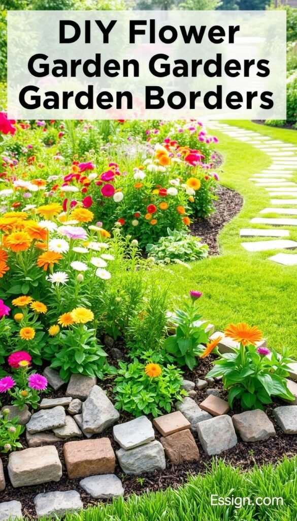 A lush, well-manicured garden with an array of vibrant flowers and greenery. In the foreground, a variety of garden edging techniques are showcased, including stone, brick, wooden, and metal borders, each seamlessly integrated into the landscape. The middle ground features an assortment of flowering plants, their petals gently swaying in a soft, natural light. In the background, a picturesque garden path winds through the scene, inviting the viewer to explore the tranquil, harmonious setting. The overall composition conveys a sense of order, beauty, and attention to detail, perfectly capturing the essence of "DIY Flower Garden Borders: Edging Techniques for a Clean, Defined Look".