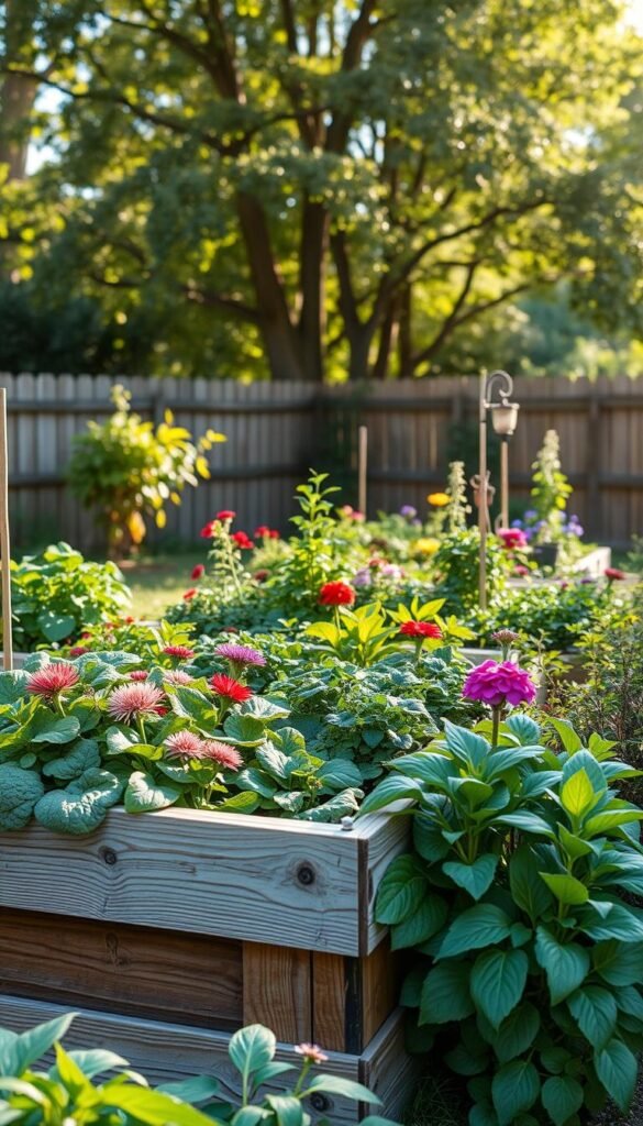 A lush, well-organized raised garden bed in a serene, sun-dappled backyard. The bed is filled with thriving vegetables, herbs, and flowers, arranged in a visually appealing layout. In the foreground, leafy green plants and vibrant blooms spill over the wooden edges, creating a sense of abundance. The middle ground showcases the sturdy, elevated structure of the raised bed, its planks weathered and textured. The background features a tranquil natural setting, with soft, dappled light filtering through a canopy of trees, casting gentle shadows across the scene. The overall mood is one of harmony, productivity, and the joys of gardening.