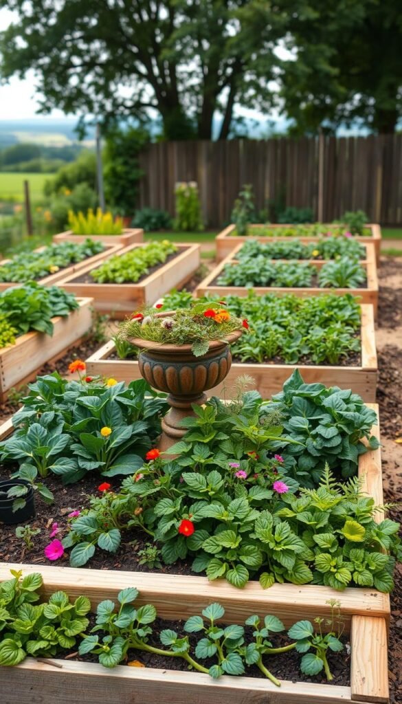 A lush, well-planned raised bed vegetable garden, with neatly arranged beds of thriving plants. The foreground showcases a central focal point, such as an ornamental planter or garden sculpture, surrounded by a variety of leafy greens, vibrant flowers, and neatly trimmed herbs. The middle ground features the raised beds themselves, with carefully positioned rows of vegetables, strategically spaced to maximize yield. The background depicts a serene, natural setting, perhaps with a wooden fence, mature trees, or a distant countryside view, conveying a sense of tranquility and harmony. The lighting is soft and diffused, creating a warm, inviting atmosphere. The camera angle is slightly elevated, providing a comprehensive overview of the thoughtfully designed garden layout.