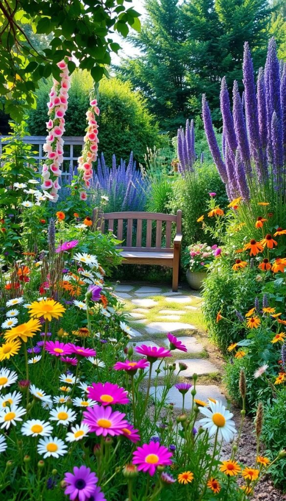 A lush, well-tended cottage garden bursting with a vibrant palette of blooms. In the foreground, a tapestry of cheerful daisies, peonies, and delicate wildflowers sway gently in the soft breeze. The middle ground showcases cascading vines of sweet peas and trailing nasturtiums, their colors complementing the rustic stone pathway leading to a quaint wooden bench. In the background, towering hollyhocks and bushy lavender plants frame the scene, creating a sense of cozy enclosure. Dappled sunlight filters through the surrounding foliage, casting a warm, inviting glow over the tranquil garden oasis.
