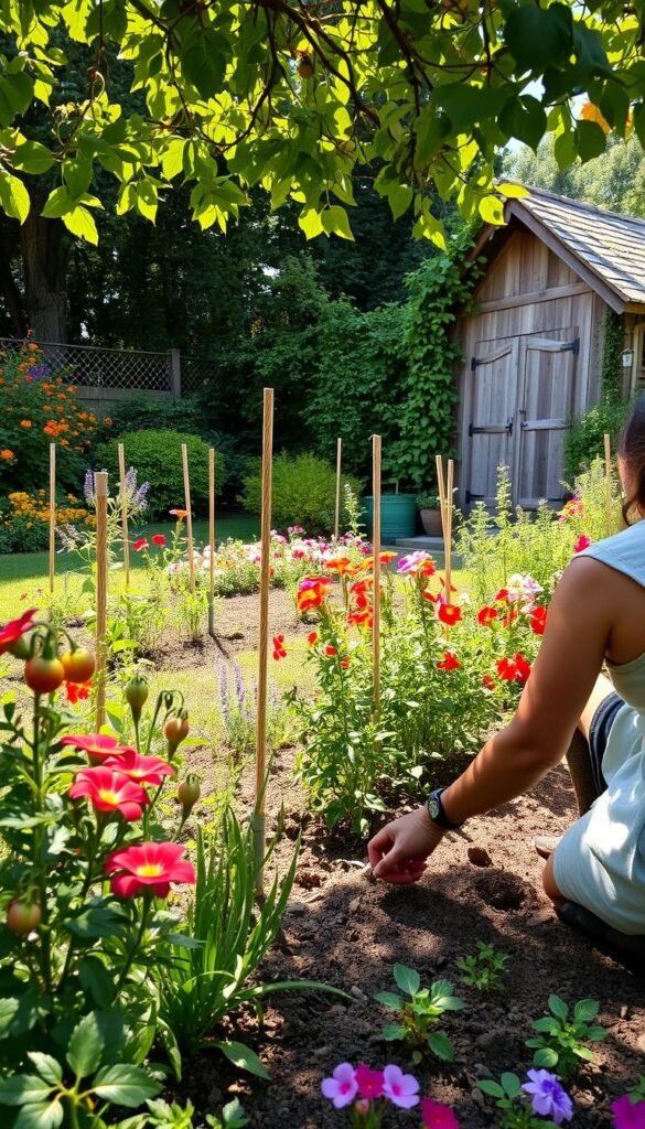 A lush, well-tended cottage garden in the midst of seasonal care. In the foreground, a gardener kneels, gently tending to fragrant blooms and weeding the beds with calloused hands. Dappled sunlight filters through the canopy of trees, casting a warm glow over the scene. In the middle ground, neatly staked tomato plants, vibrant herbs, and a flourishing vegetable patch. The background features a charming garden shed, its weathered wood framed by climbing vines and the colorful blooms of perennials. An overall sense of tranquility and harmony, with the gardener's actions reflecting the dedication required to maintain a thriving, year-round cottage garden.