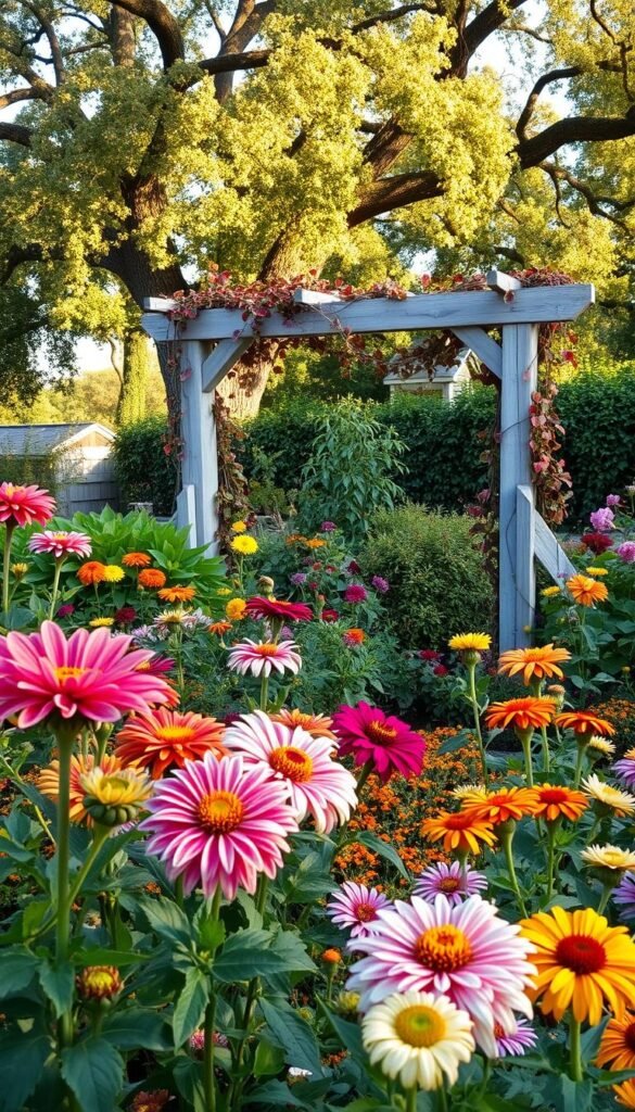 A lush, well-tended cottage garden in the midst of seasonal transition. The foreground showcases vibrant blooms of late summer flowers like dahlias, zinnias, and marigolds, their petals catching the soft, golden light of an autumn afternoon. In the middle ground, a weathered wooden trellis supports climbing vines, their leaves shifting to warm hues of red and orange. The background features a mature oak tree, its canopy casting gentle shadows across the garden beds, hinting at the approaching change of seasons. The overall scene exudes a sense of tranquility and the natural rhythms of the gardening year, inviting the viewer to pause and appreciate the ebb and flow of a cottage garden's seasonal adjustments.