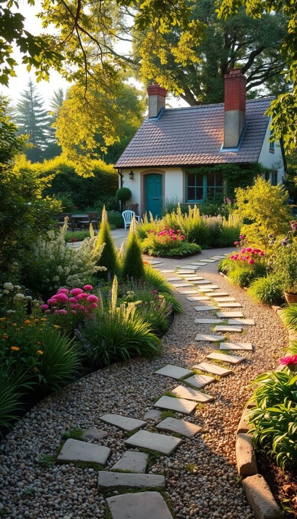 A lush, well-tended cottage garden path winds through a verdant landscape. In the foreground, a mix of gravel, brick, and natural stone pavers create a charming and textured walkway. The middle ground features an abundance of colorful perennials, fragrant flowers, and verdant foliage, casting soft, dappled shadows. In the background, a picturesque cottage with a quaint, weathered facade stands amidst a serene, bucolic setting. Warm, golden sunlight filters through the trees, casting a gentle, nostalgic glow over the entire scene. The overall atmosphere evokes a sense of tranquility, inviting the viewer to stroll leisurely and admire the beautiful, timeless qualities of this charming cottage garden path.