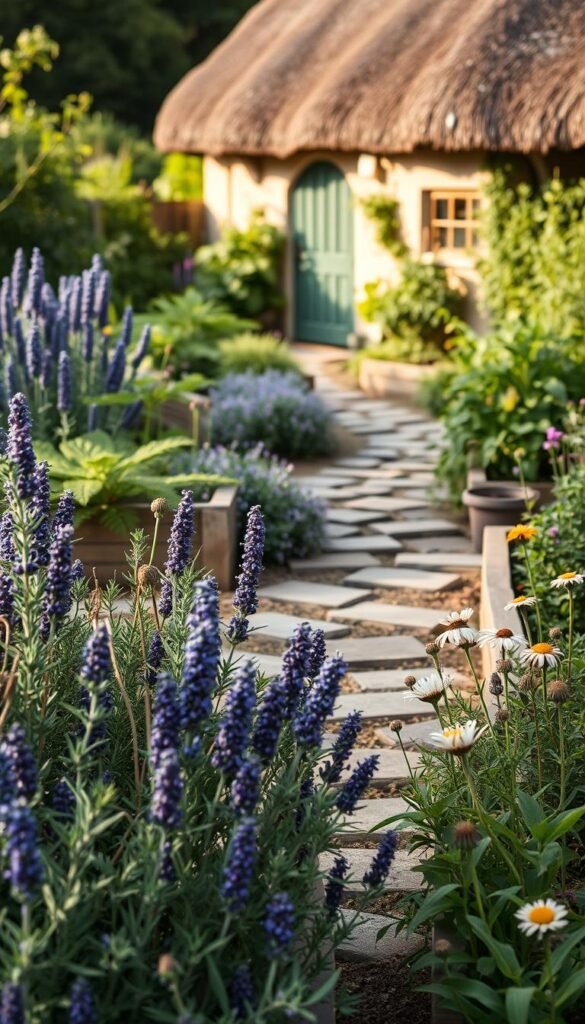 A lush, well-tended edible medicinal herb garden set in a warm, sunlit cottage setting. In the foreground, a vibrant tapestry of diverse herbs like rosemary, lavender, chamomile, and echinacea fill raised garden beds. The middle ground features a winding stone path leading through the garden, surrounded by flourishing plants. In the background, a charming cottage with a thatched roof and garden gate comes into view, evoking a sense of peaceful tranquility. Soft, diffused lighting filters through the scene, casting a gentle glow over the thriving greenery. The overall composition conveys a harmonious blend of practical utility and serene natural beauty.