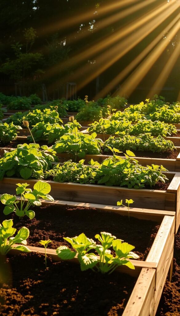 A lush, well-tended garden bathed in the warm, golden glow of the midday sun. Delicate patterns of light and shadow dance across the neatly arranged raised vegetable beds, creating a mesmerizing interplay of light and form. The soft, diffused illumination highlights the vibrant greens of the thriving plants, while gentle highlights accentuate the textures of the soil and wooden planters. The scene exudes a sense of serenity and productivity, inviting the viewer to envision the bountiful harvest that will soon grace this idyllic setting.