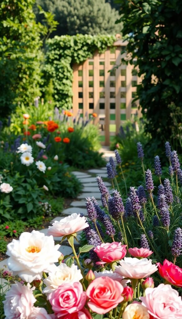 A lush, well-tended garden with a mix of vibrant blooms and lush foliage. In the foreground, a carefully curated arrangement of classic garden flowers such as roses, peonies, and lavender, bathed in soft, natural light. The middle ground features a charming stone path winding through the garden, inviting the viewer to explore. In the background, a picturesque wooden fence or trellis, adorned with climbing vines, creates a sense of enclosure and privacy. The overall mood is one of tranquility and timeless elegance, capturing the essence of a quintessential "garden style basics" scene.