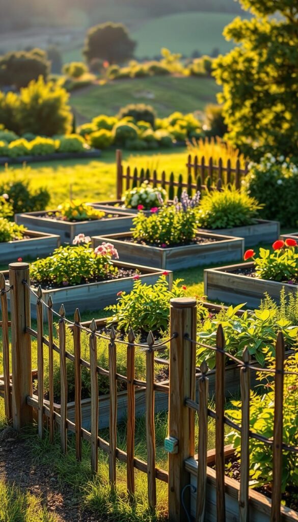 A lush, well-tended garden with neatly arranged raised beds, bathed in warm, golden sunlight. In the foreground, a picturesque garden fence constructed from natural materials such as weathered wood, wrought iron, or stone. The fence gracefully meanders through the landscape, creating a sense of security and aesthetic charm. In the middle ground, a variety of flourishing plants and flowers add vibrant pops of color, while in the background, a serene, verdant landscape frames the scene. The overall atmosphere is one of tranquility, inviting the viewer to imagine the perfect fenced garden for keeping out unwanted critters while elevating the visual appeal. A lush, well-tended garden with neatly arranged raised beds, bathed in warm, golden sunlight. In the foreground, a picturesque garden fence constructed from natural materials such as weathered wood, wrought iron, or stone. The fence gracefully meanders through the landscape, creating a sense of security and aesthetic charm. In the middle ground, a variety of flourishing plants and flowers add vibrant pops of color, while in the background, a serene, verdant landscape frames the scene. The overall atmosphere is one of tranquility, inviting the viewer to imagine the perfect fenced garden for keeping out unwanted critters while elevating the visual appeal.