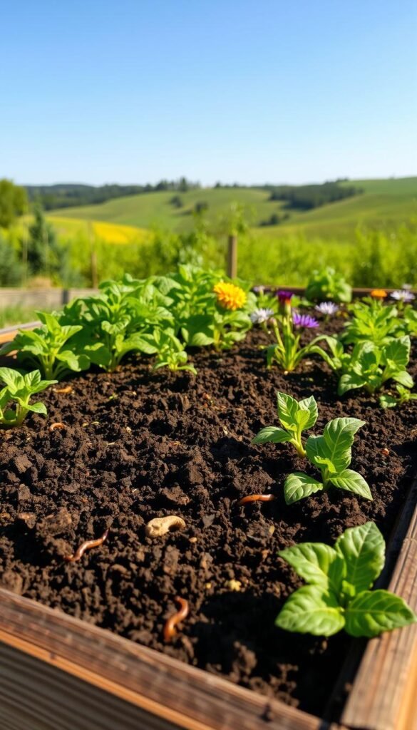 A lush, well-tended raised garden bed filled with nutrient-rich, crumbly soil. The soil appears dark and fertile, with visible organic matter and earthworms burrowing through. Lush green plants and vibrant flowers thrive in the raised bed, their leaves and petals gently swaying in the warm, golden sunlight that filters through the scene. The bed is framed by wooden planks, their weathered texture adding to the natural, earthy atmosphere. In the background, a verdant landscape of rolling hills and a clear blue sky create a serene, idyllic setting, highlighting the benefits of raised garden beds for optimizing soil quality and plant growth.