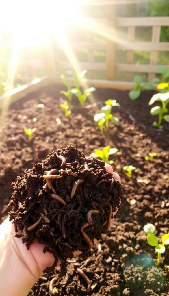 A lush, well-tended raised garden bed filled with rich, dark soil. The soil is teeming with life, with earthworms, microorganisms, and organic matter visible throughout. Sunlight filters down from above, casting a warm, golden glow over the scene. In the foreground, a handful of the soil is held, revealing its crumbly, nutrient-dense texture. The background showcases the raised bed's sturdy wooden frame, complementing the vibrant greenery and healthy vegetation growing within. The overall mood is one of abundance, vitality, and the rewards of gardening in a well-designed, elevated planting area.