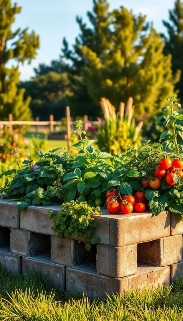 A lush, well-tended raised garden bed filled with thriving vegetables and herbs, bathed in warm, golden afternoon sunlight. The bed's sturdy cinder block construction stands in the foreground, showcasing its durability and practical design. In the middle ground, leafy greens, vibrant tomatoes, and fragrant flowers spill over the sides, demonstrating the abundant, high-yield harvests that a raised bed can provide. The background features a tranquil, verdant garden scene, with towering trees and a clear blue sky overhead, creating a serene and inviting atmosphere. The overall composition conveys the many benefits of raised garden beds - improved soil quality, increased growing space, better drainage, and easier maintenance - making them an ideal choice for budget-friendly, sturdy, and productive home gardening.