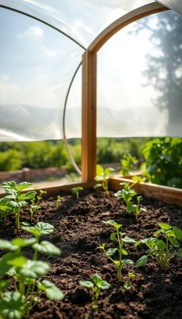 A lush, well-tended raised garden bed, its soil nourished and teeming with life, is sheltered by a translucent cover that gently arches overhead. Dappled sunlight filters through the cover, casting a warm, natural glow upon the thriving plants within. In the foreground, healthy vegetable seedlings and herbs sway gently in a soft breeze. The middle ground showcases the sturdy wooden frame supporting the cover, its design seamlessly blending form and function. In the background, a verdant landscape unfolds, hinting at the garden's larger context. The overall scene conveys a sense of tranquility, protection, and the harmonious interplay between nature and human intervention.