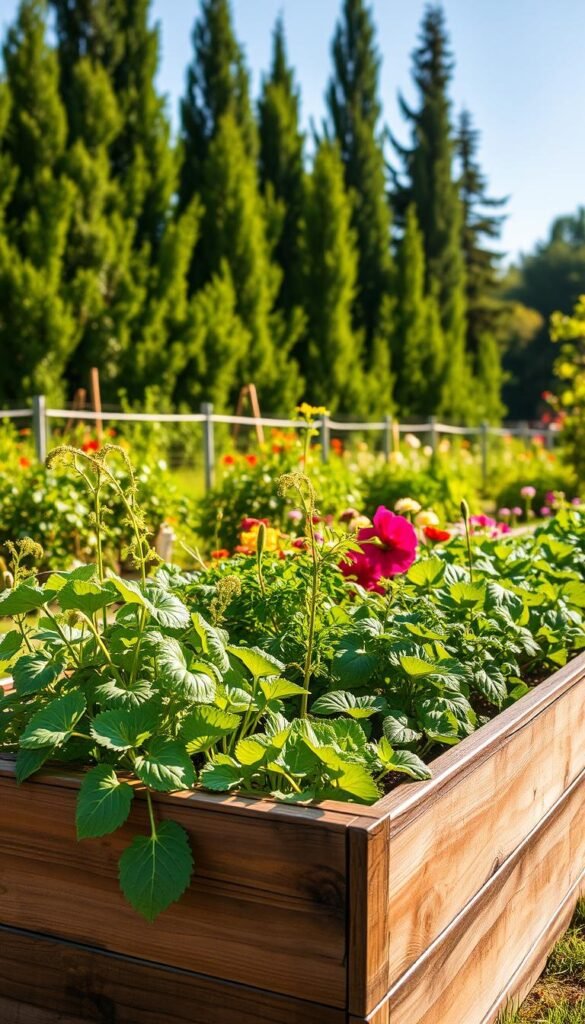 A lush, well-tended raised garden bed nestled in a sunlit backyard. The wooden planks stand tall, creating a neatly defined growing area. In the foreground, vibrant vegetables and herbs flourish, their leaves gently swaying in a soft breeze. The middle ground showcases a variety of colorful flowers, adding a visually stunning contrast. In the background, a verdant backdrop of tall trees and a clear blue sky create a serene, tranquil atmosphere. The scene is bathed in warm, golden sunlight, highlighting the natural textures and colors. A sense of harmony and abundance pervades the image, showcasing the numerous benefits of raised garden beds. A lush, well-tended raised garden bed nestled in a sunlit backyard. The wooden planks stand tall, creating a neatly defined growing area. In the foreground, vibrant vegetables and herbs flourish, their leaves gently swaying in a soft breeze. The middle ground showcases a variety of colorful flowers, adding a visually stunning contrast. In the background, a verdant backdrop of tall trees and a clear blue sky create a serene, tranquil atmosphere. The scene is bathed in warm, golden sunlight, highlighting the natural textures and colors. A sense of harmony and abundance pervades the image, showcasing the numerous benefits of raised garden beds.