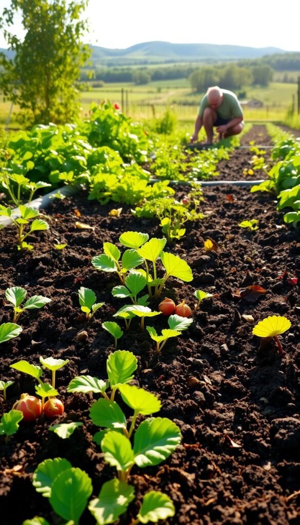 A lush, well-tended vegetable garden with rich, dark soil in the foreground. Diverse cover crops and companion plants intertwined, nourishing the earth. A bright, warm sun casts a soft glow, highlighting the healthy foliage and vibrant colors. In the middle ground, a gardener kneels, carefully tending to the soil, incorporating organic matter and nutrients. The background features a serene, verdant landscape, suggesting the garden's integration with the natural environment. The overall scene conveys a sense of harmony, balance, and a deep respect for the living, breathing vitality of the soil.