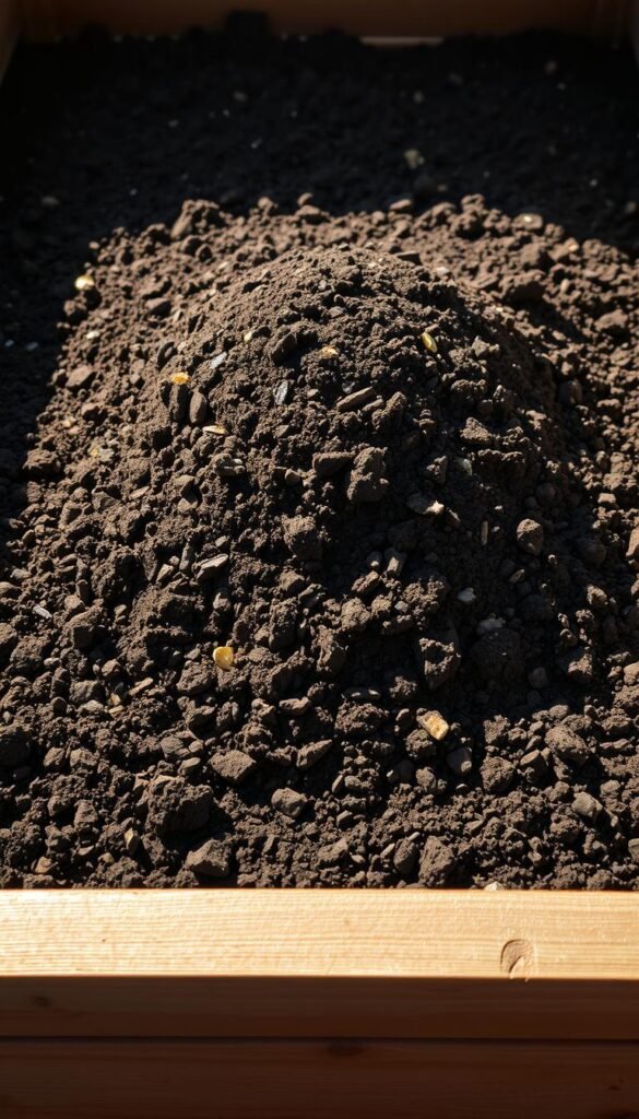 A lush, well-textured raised garden bed filled with a rich, dark compost soil mix. The soil surface is gently mounded, with visible bits of organic matter and perlite. Soft, natural lighting illuminates the bed, creating warm shadows and highlights. The soil appears crumbly and nutrient-dense, ready to nourish a thriving vegetable or flower garden. A subtle vignette effect frames the image, drawing the eye to the center of the raised bed. The overall composition conveys a sense of abundance, fertility, and the promise of bountiful growth.